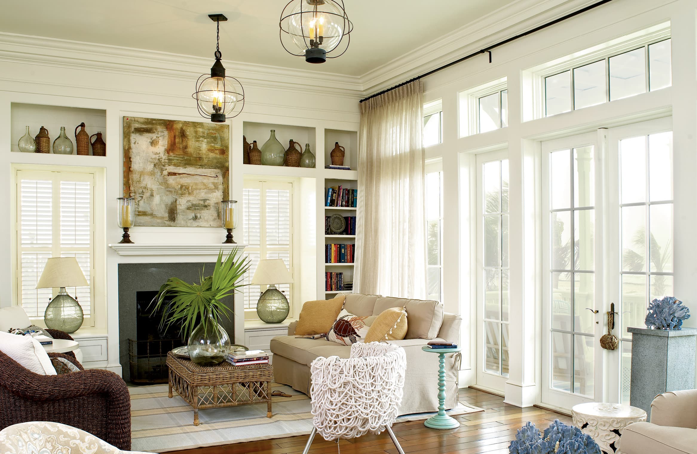 Living room with floor to ceiling windows