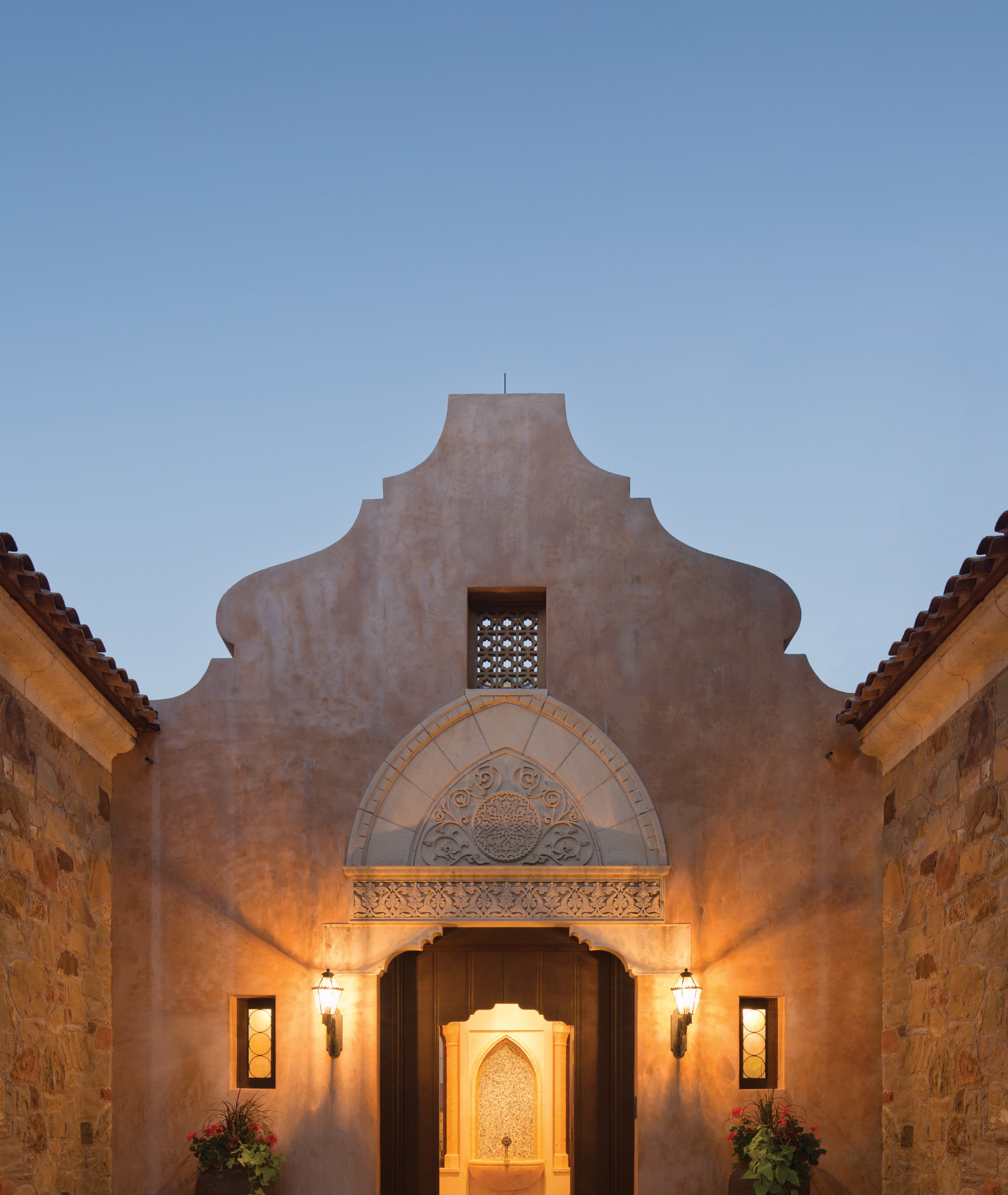 Entryway lit up at night