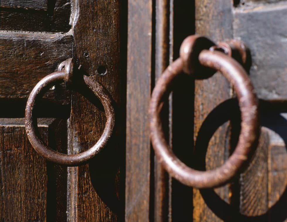 Closeup view of iron door pulls